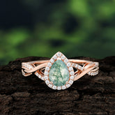 Dazzling 3 - Prong Pear-Cut Natural Moss Agate Engagement Ring